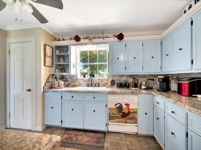 1145 State Highway 21e, San Augustine, TX 75972 - kitchen with a ceiling fan, ornamental molding, a sink, white dishwasher, and tasteful backsplash