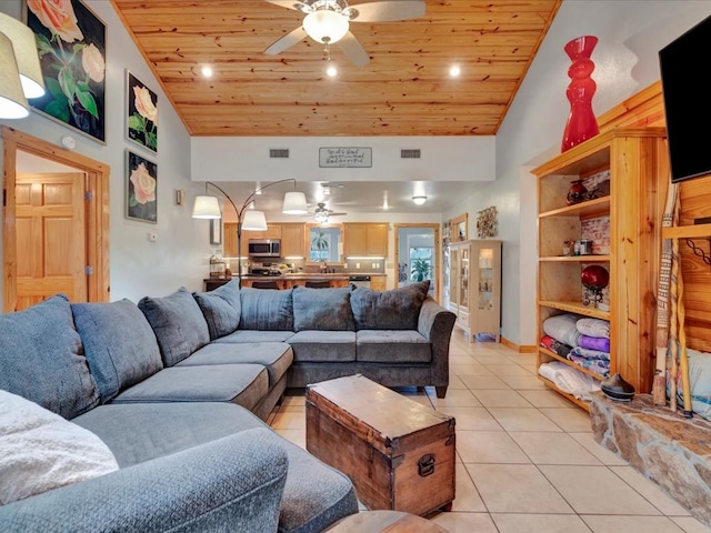 living room with light tile patterned flooring, high vaulted ceiling, wooden ceiling, and ceiling fan