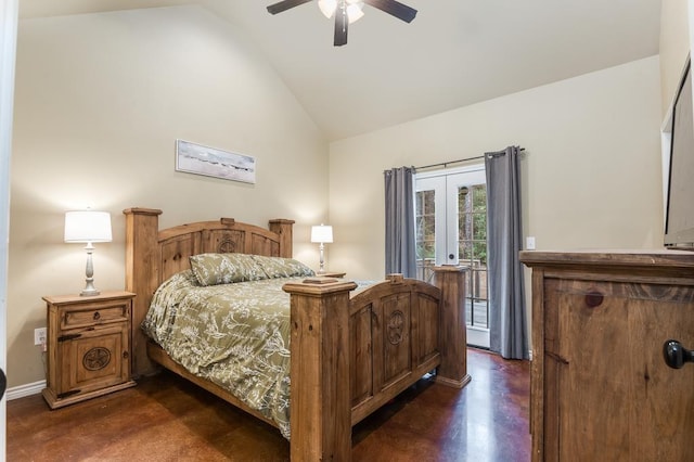 bedroom with ceiling fan, french doors, and high vaulted ceiling