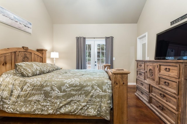 bedroom featuring access to exterior, french doors, and vaulted ceiling