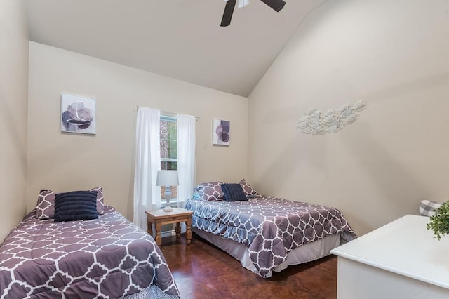 bedroom with ceiling fan, dark hardwood / wood-style floors, and lofted ceiling