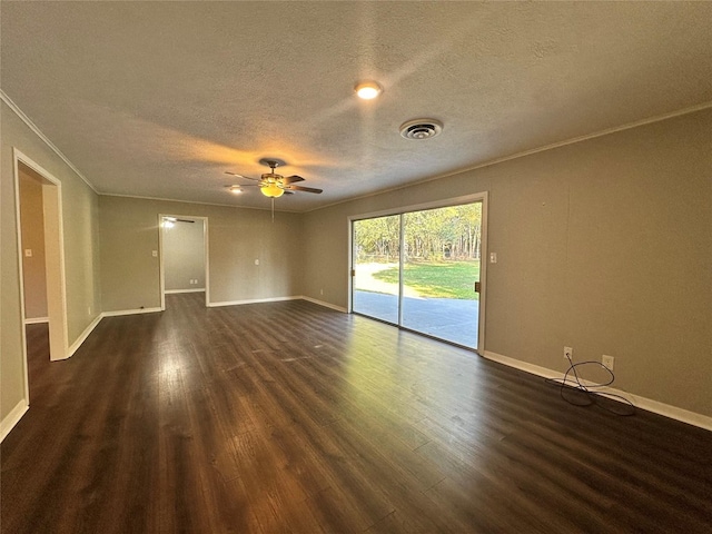 unfurnished room featuring ornamental molding, dark hardwood / wood-style floors, and ceiling fan