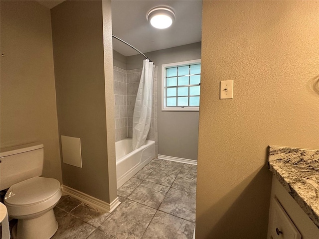 full bathroom with shower / bathtub combination with curtain, vanity, and toilet