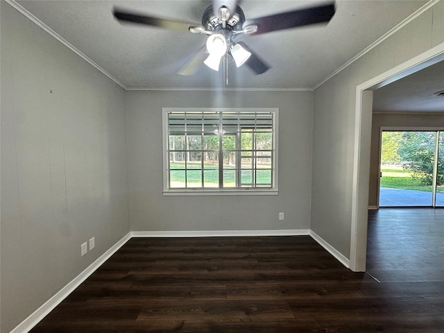 unfurnished room with ornamental molding, dark hardwood / wood-style floors, and ceiling fan