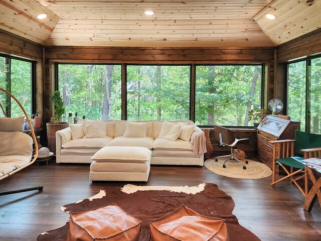 203 Bogey Ln, Brookeland, TX 75931 - living area featuring lofted ceiling, wooden ceiling, recessed lighting, and wood finished floors