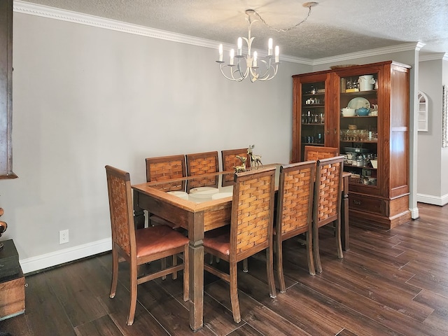 203 Bogey Ln, Brookeland, TX 75931 - dining space featuring dark wood-style floors, a chandelier, a textured ceiling, and crown molding