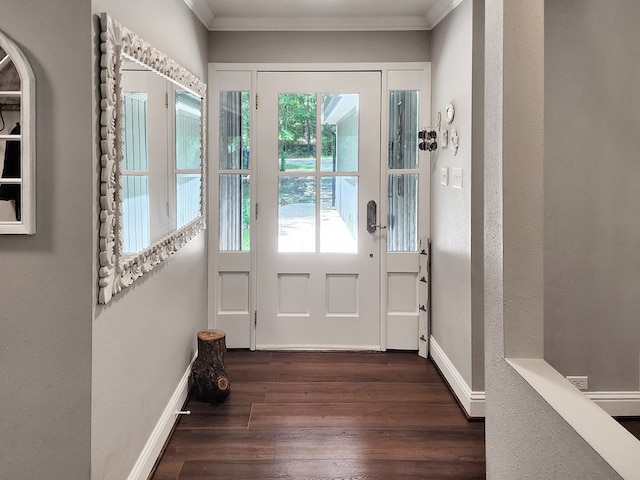 203 Bogey Ln, Brookeland, TX 75931 - doorway to outside with ornamental molding and dark wood-style flooring