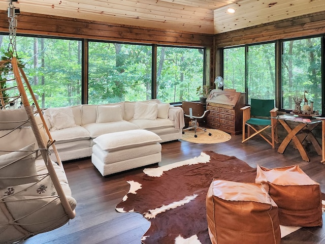 203 Bogey Ln, Brookeland, TX 75931 - living area featuring wooden ceiling, wood finished floors, and lofted ceiling