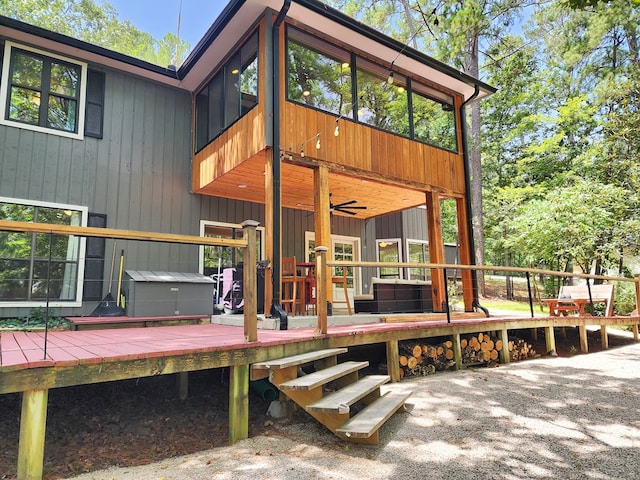 203 Bogey Ln, Brookeland, TX 75931 - wooden terrace featuring a ceiling fan
