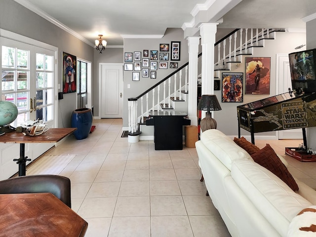203 Bogey Ln, Brookeland, TX 75931 - living area with stairway, tile patterned floors, and ornamental molding