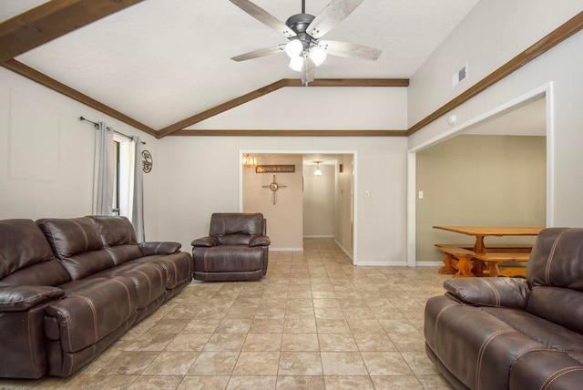 living room featuring ceiling fan, high vaulted ceiling, and a textured ceiling