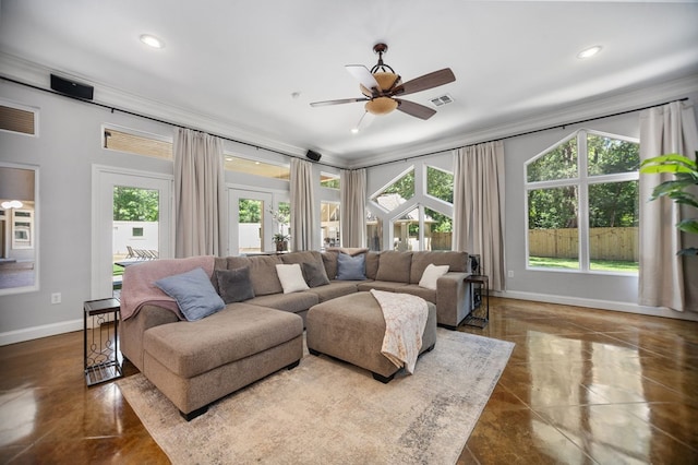 205 Twin Crk, Lufkin, TX 75904 - living room with baseboards, crown molding, ceiling fan, and recessed lighting