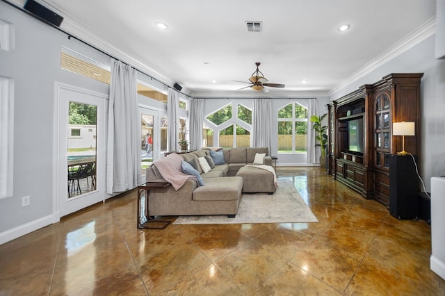 205 Twin Crk, Lufkin, TX 75904 - living room featuring ornamental molding, ceiling fan, recessed lighting, baseboards, and tile patterned floors