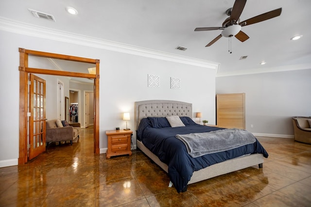 205 Twin Crk, Lufkin, TX 75904 - bedroom with crown molding, baseboards, recessed lighting, tile patterned floors, and a ceiling fan