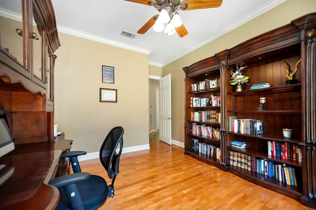 205 Twin Crk, Lufkin, TX 75904 - office area featuring ceiling fan, light wood-style floors, baseboards, and ornamental molding