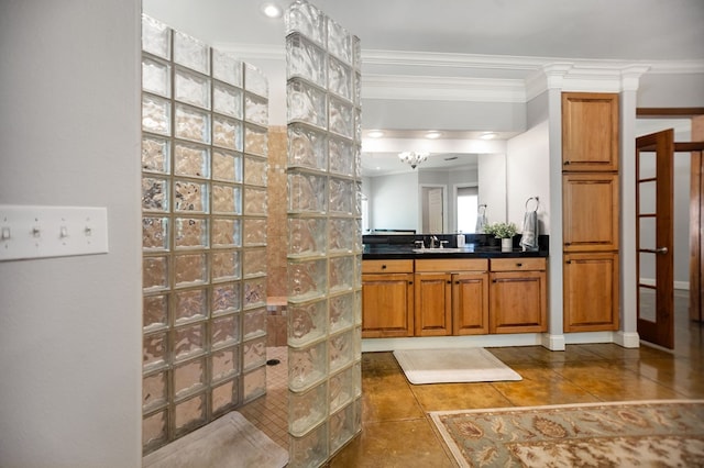 205 Twin Crk, Lufkin, TX 75904 - full bath featuring a walk in shower, crown molding, vanity, and tile patterned floors