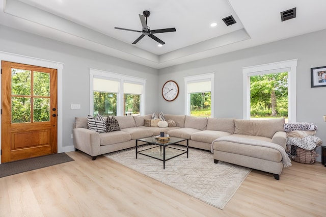 190 Whitehead Dr, Diboll, TX 75941 - living area with plenty of natural light, wood finished floors, ceiling fan, a raised ceiling, and recessed lighting