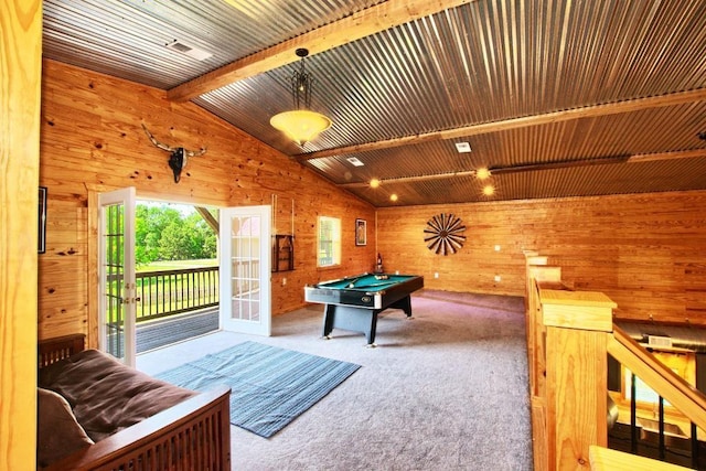 game room with wooden walls, lofted ceiling with beams, wooden ceiling, and pool table