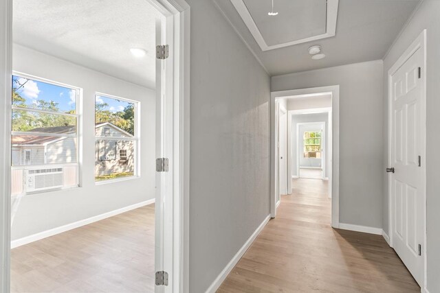 hallway with light hardwood / wood-style floors, a wealth of natural light, and cooling unit