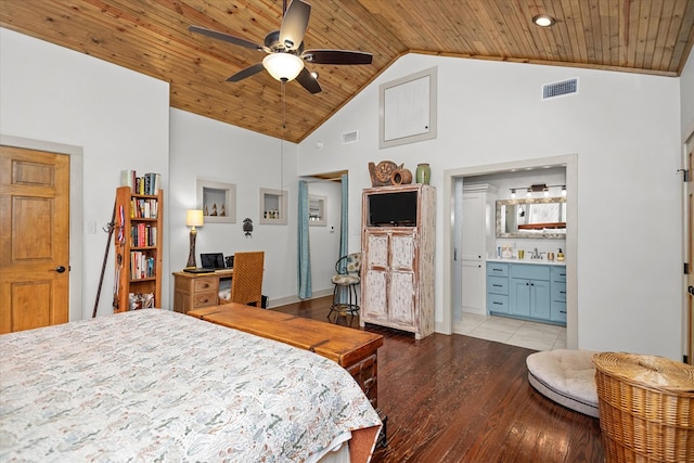 310 N Mound St, Nacogdoches, TX 75961 - bedroom featuring wood ceiling, high vaulted ceiling, light wood-style floors, a sink, and ensuite bathroom
