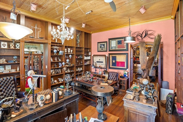 310 N Mound St, Nacogdoches, TX 75961 - office featuring crown molding, hardwood / wood-style flooring, and wooden ceiling