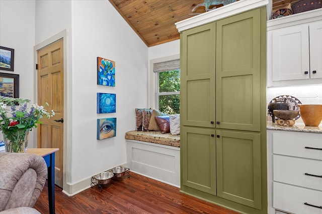 310 N Mound St, Nacogdoches, TX 75961 - sitting room featuring vaulted ceiling, dark wood-type flooring, wood ceiling, and baseboards