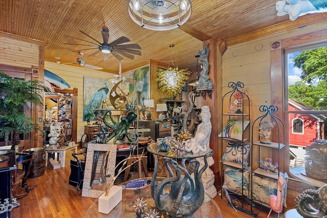 310 N Mound St, Nacogdoches, TX 75961 - interior space featuring wooden ceiling, wooden walls, ceiling fan, and hardwood / wood-style floors