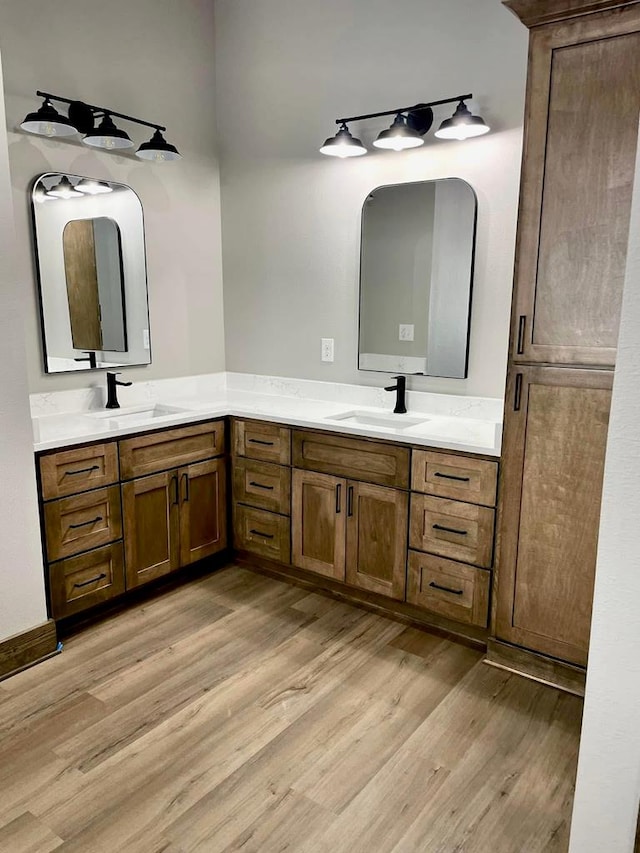 bathroom with double vanity, wood finished floors, and a sink