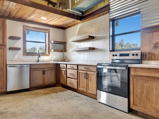 kitchen with open shelves, brown cabinetry, concrete flooring, wood ceiling, and stainless steel appliances