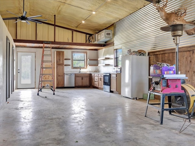 kitchen featuring stainless steel dishwasher, freestanding refrigerator, finished concrete floors, open shelves, and electric stove