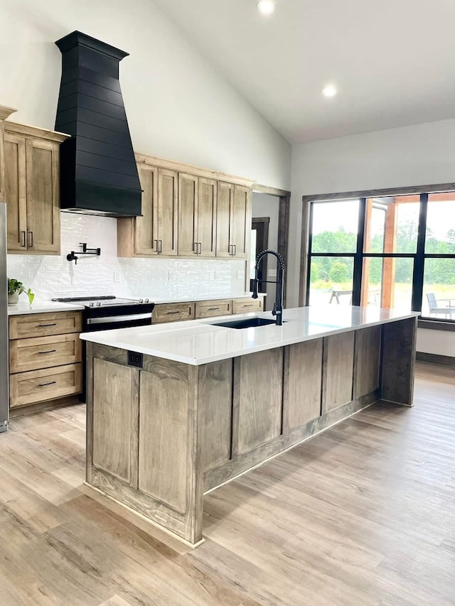 kitchen featuring light wood-type flooring, decorative backsplash, custom exhaust hood, and a sink