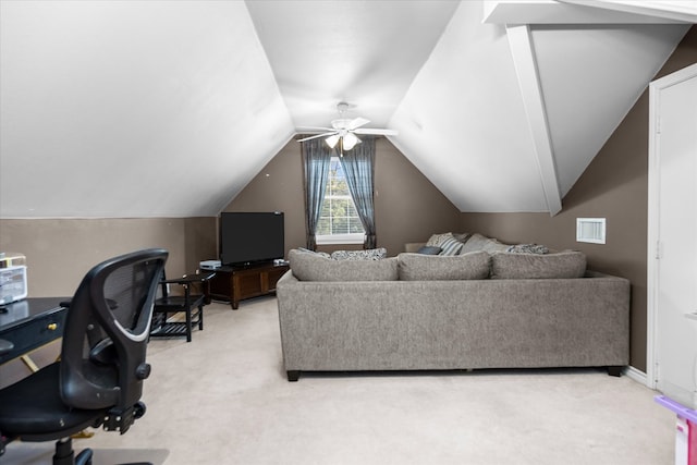 454 Bobwhite Dr, Lufkin, TX 74904 - living room with light colored carpet, vaulted ceiling, and ceiling fan