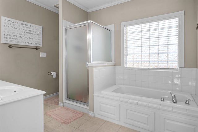 454 Bobwhite Dr, Lufkin, TX 74904 - full bath featuring a shower stall, crown molding, a garden tub, and tile patterned floors
