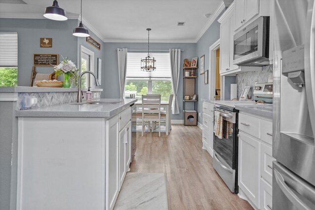 1755 Cc Rd, Diboll, TX 75941 - kitchen featuring stainless steel appliances, light wood finished floors, plenty of natural light, ornamental molding, and light countertops