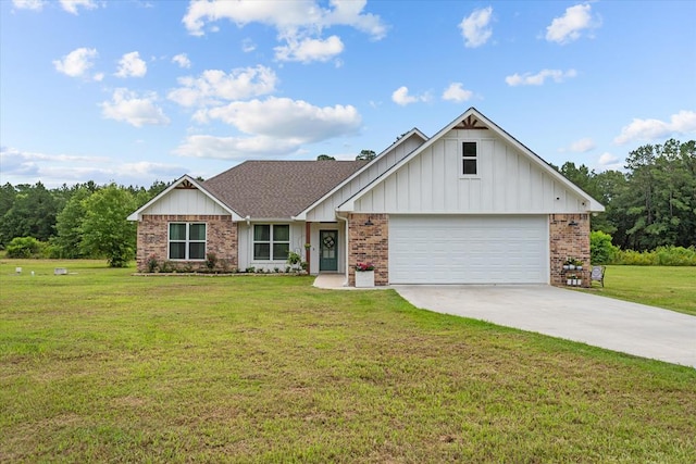 1755 Cc Rd, Diboll, TX 75941 - view of front of property with concrete driveway, an attached garage, a front yard, brick siding, and board and batten siding