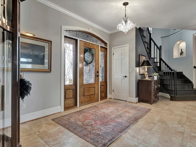 entryway featuring light tile patterned flooring, crown molding, and a notable chandelier