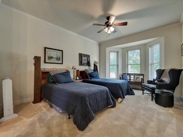 bedroom with light carpet, ceiling fan, and ornamental molding