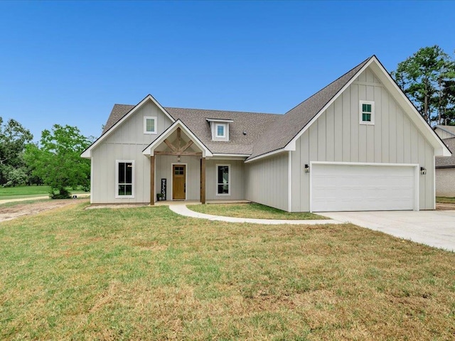 234 Lancewood Dr, Lufkin, TX 75904 - modern farmhouse featuring a garage, a front lawn, board and batten siding, driveway, and roof with shingles