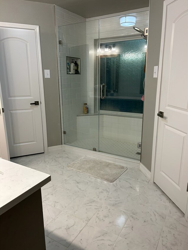270 Lakeshore Dr, Brookeland, TX 75931 - full bath featuring marble finish flooring, vanity, and a stall shower