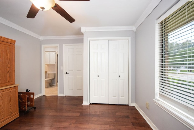 bedroom featuring a closet, ceiling fan, dark hardwood / wood-style flooring, and ensuite bathroom