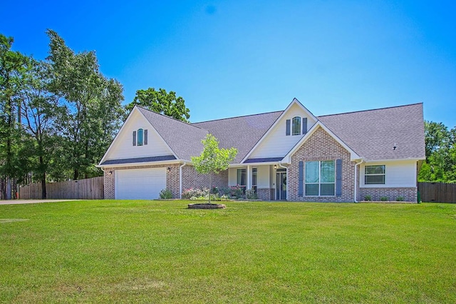 view of front of house with fence, a shingled roof, a front lawn, and brick siding