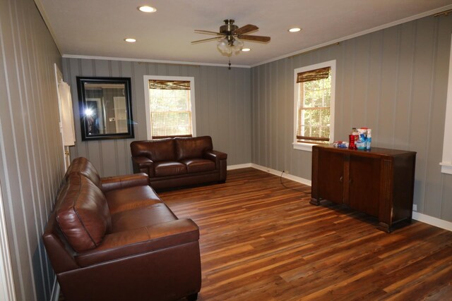 living room featuring a wealth of natural light, crown molding, and dark hardwood / wood-style floors