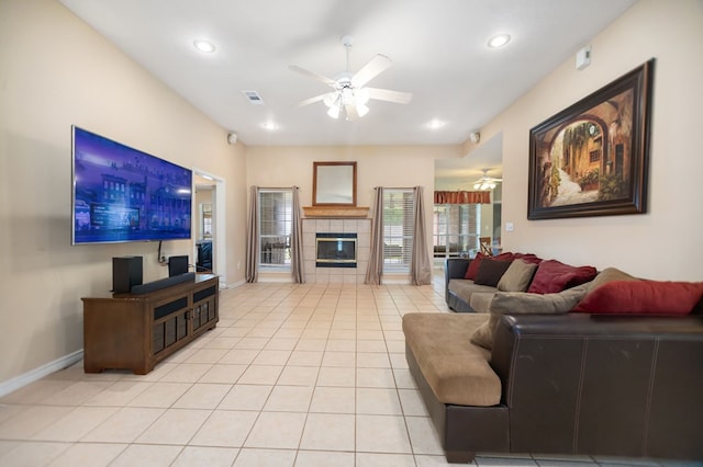 112 Lewellin Pl, Lufkin, TX 75904 - living area featuring ceiling fan, light tile patterned flooring, a fireplace, baseboards, and recessed lighting
