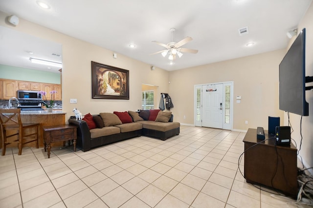 112 Lewellin Pl, Lufkin, TX 75904 - living room featuring a ceiling fan, light tile patterned floors, and recessed lighting