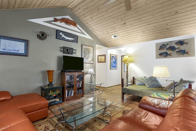 tiled living room featuring lofted ceiling and wooden ceiling