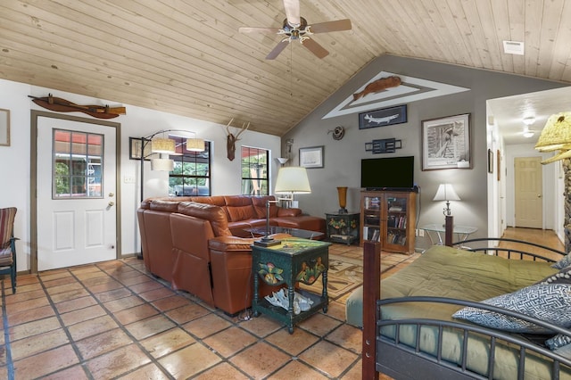 living room with vaulted ceiling, ceiling fan, and wooden ceiling