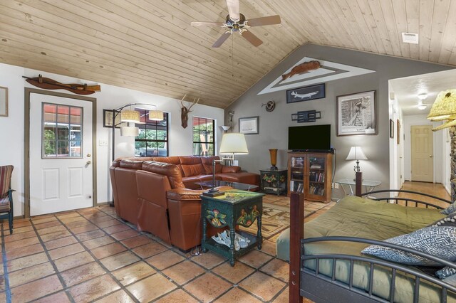 1594 Beachrock Dr, Brookeland, TX 75931 - living room featuring lofted ceiling, a ceiling fan, and wooden ceiling