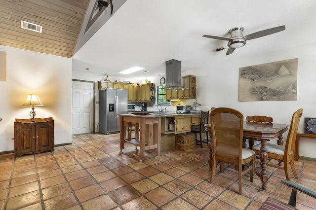 dining area with vaulted ceiling, ceiling fan, wooden ceiling, and sink