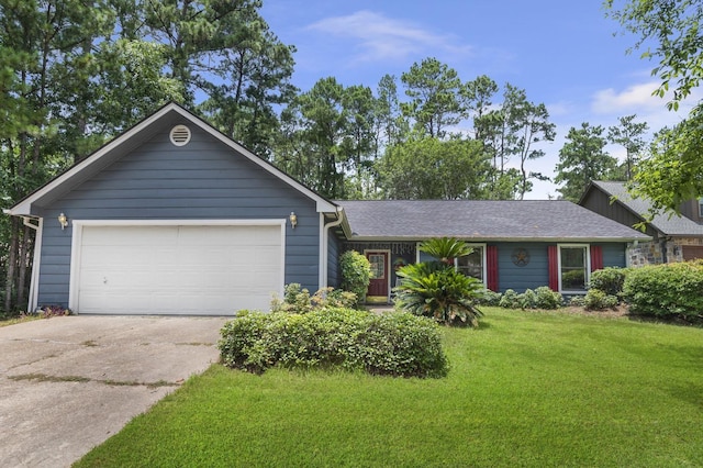 single story home with a front yard and a garage