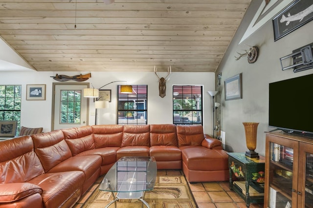 tiled living room with wood ceiling and lofted ceiling